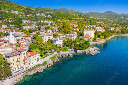 Croatia, beautiful town of Lovran, sea walkway, aerial panoramic view in Kvarner bay coastline, popular tourist destination © ilijaa
