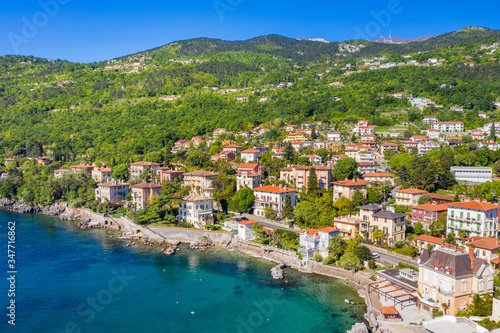 Croatia  beautiful town of Lovran  sea walkway  aerial panoramic view in Kvarner bay coastline  popular tourist destination
