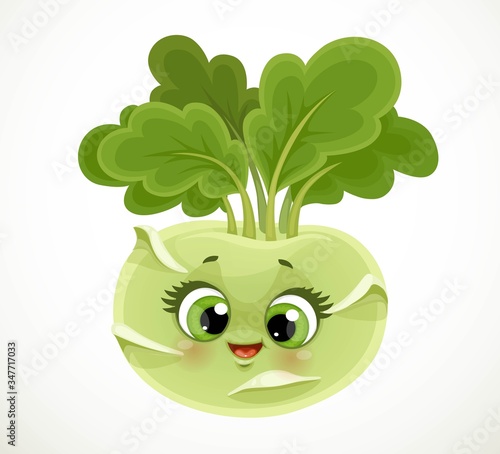 Cute little cartoon emoji kohlrabi cabbage isolated on white background