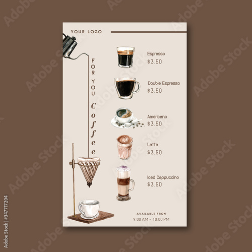 coffee cafe menu americano, cappuccino, espresso menu with bag bean, watercolor illustration