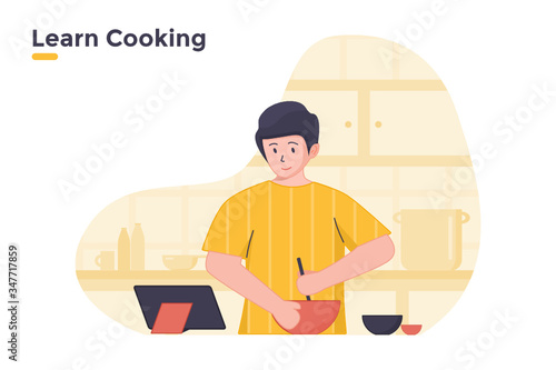 vector flat illustration people learninc cooking course lesson from tablet phone with people watch video streaming  on internet. can be used for banner poster infographic ui ux.