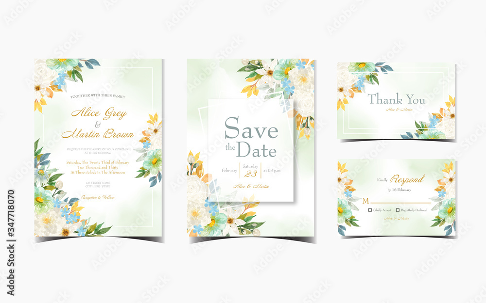 Fototapeta premium Set of abstract green floral wedding invitation with colorful flowers