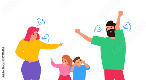 angry father and mother screaming to each other family quarrel conflict and sad children vector illustration