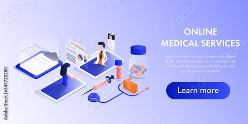 Concept medical service isometric design. Doctor give prescription and advice about antibiotic drug to his patient.