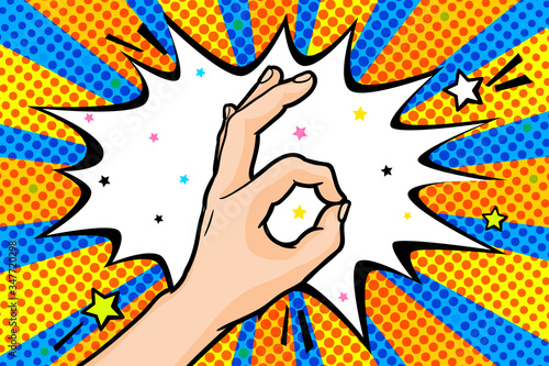 Vector pop art OK mans hand sign in retro comics style, OKAY hand gesture with speech bubble for text