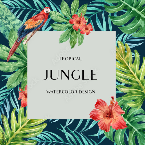 Tropical Frame border design summer with plants foliage exotic, creative watercolor vector illustration template design