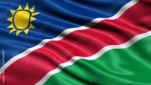 3D illustration of the flag of Namibia waving in the wind.
