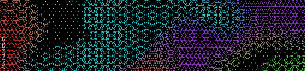 Abstract panoramic colorful halftone wide background. Panorama, Modern gradient Multicolor Backdrop with circles. Vector illustration.