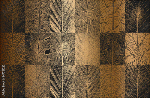 Set of distress tree leaves, leaflet texture on golden background. Black and white grunge background