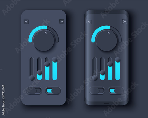 Neumorph UI kit on sample smartphone screen. Volume Knob with equalizer and switches. Dark color set. Skeuomorph Trend Design. Workflow UX smart technology applications. Vector illustration.