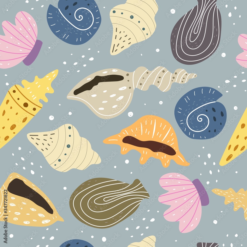 Seamless pattern with cartoon shells, decor elements on a neutral background. colorful vector. hand drawing, flat style. design for fabric, print, textile, wrapper
