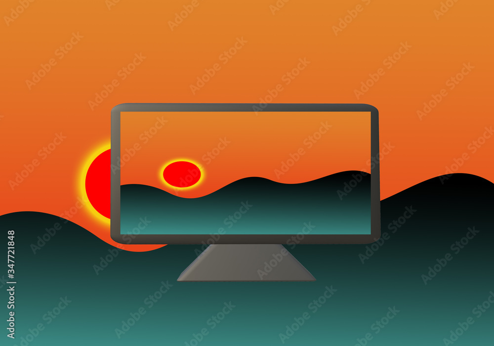 3d lcd screen with moutain red sky and sun inside and background 3D rendering 3d lcd screen with moutain red sky and sun inside and background 3D rendering