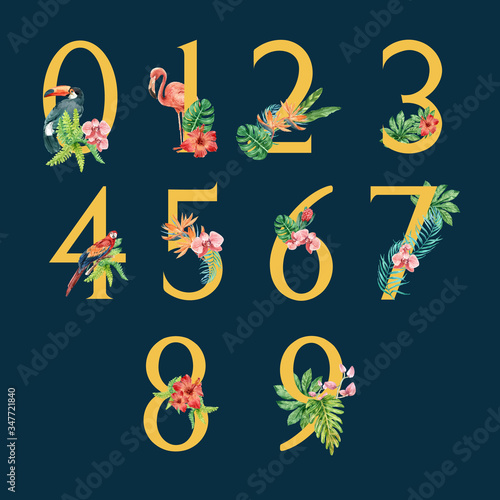 Number Tropical Alphabet typographic design summer with plants foliage, creative watercolor vector illustration design