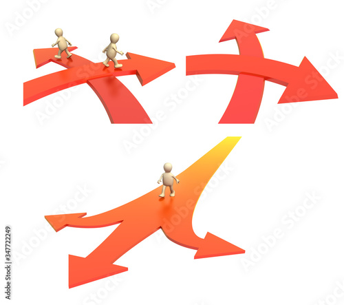 Two 3d mans go on bound arrows specifying different directions photo