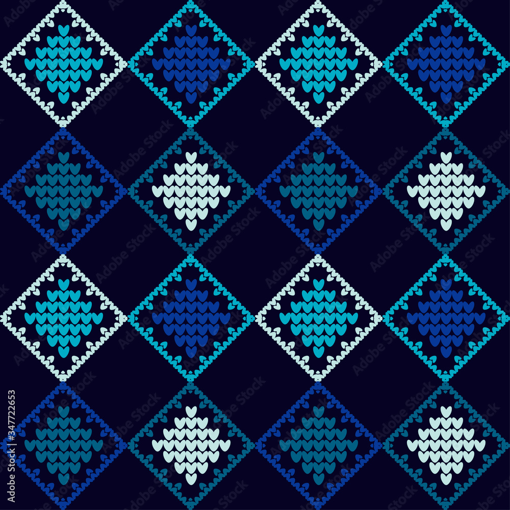 Seamless knitted pattern. Blue. Norwegian drawing. A warm sweater. Vector illustration for web design or print.