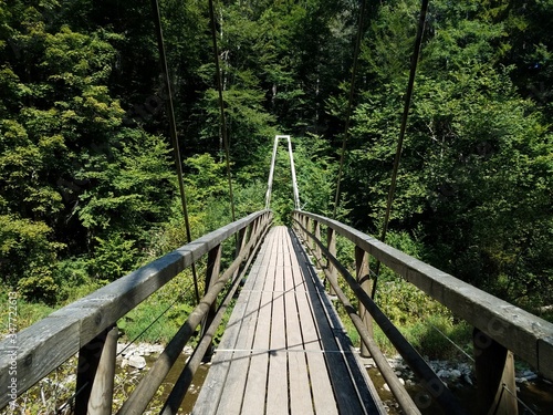 Fototapeta Naklejka Na Ścianę i Meble -  Eine alte Holzbrücke im Wald über den Fluss 