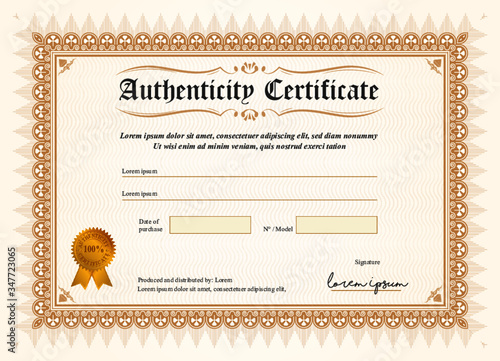 Certificate of authenticity, vector illustration with watermark and stamp. A5 format