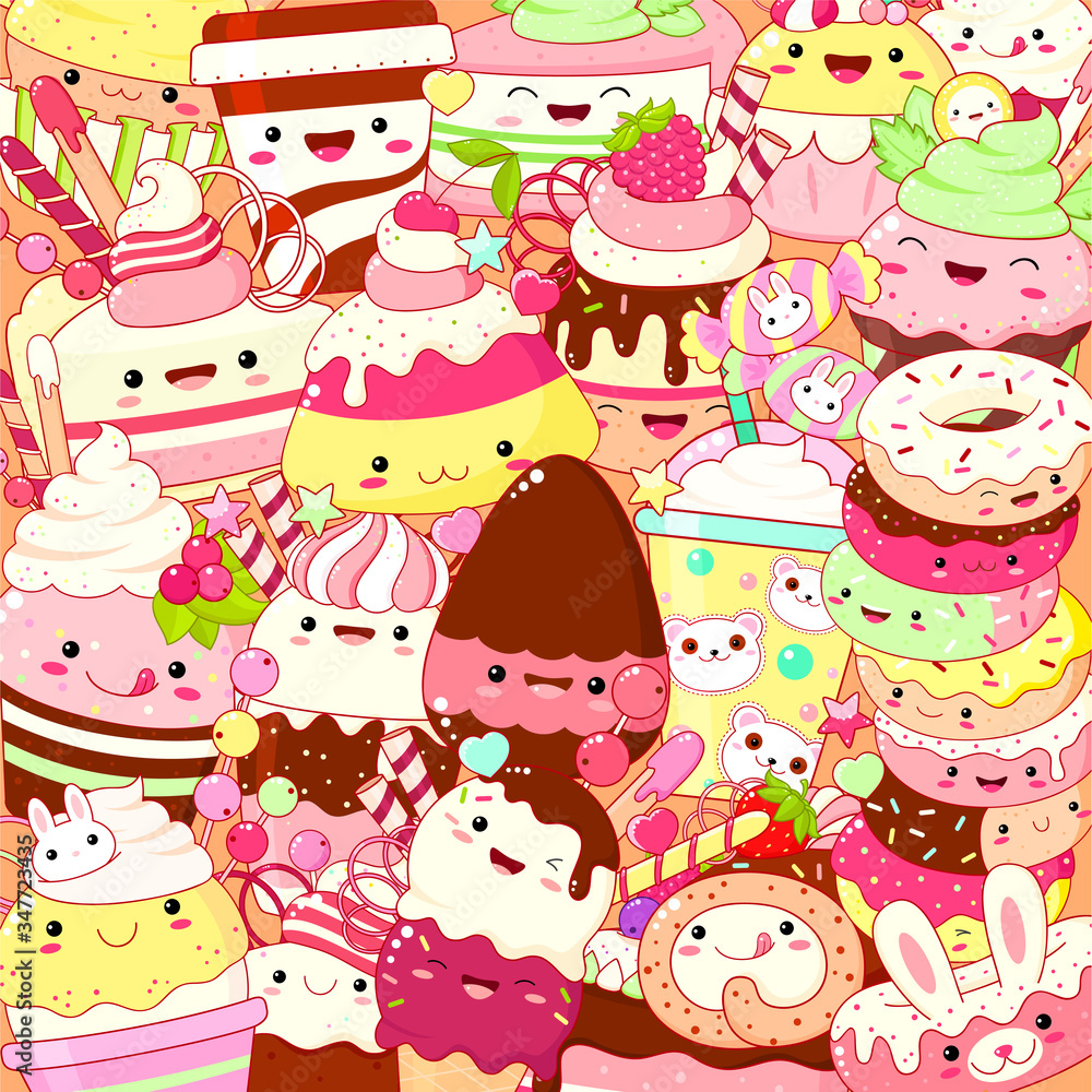 Square background with cute sweet desserts in kawaii style Square background with cute sweet desserts in kawaii style