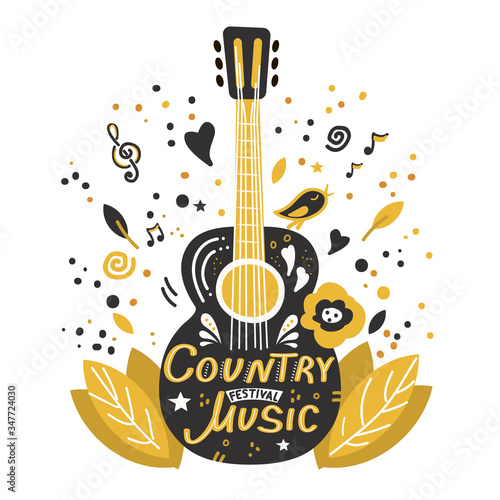 Illustration with acoustic guitar and hand lettering. Guitar concert flyer template. Flat hand drawn vector illustration.