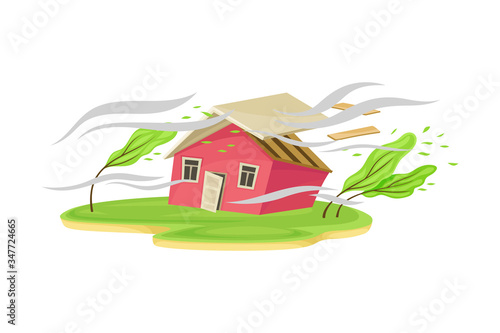 Severe Wind as Natural Cataclysm Blowing Carrying Away House Roof Vector Illustration