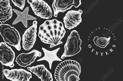 Oysters design template. Hand drawn vector illustration on chalk board. Seafood banner. Can be used for design menu, packaging, recipes, label, fish market, seafood products.