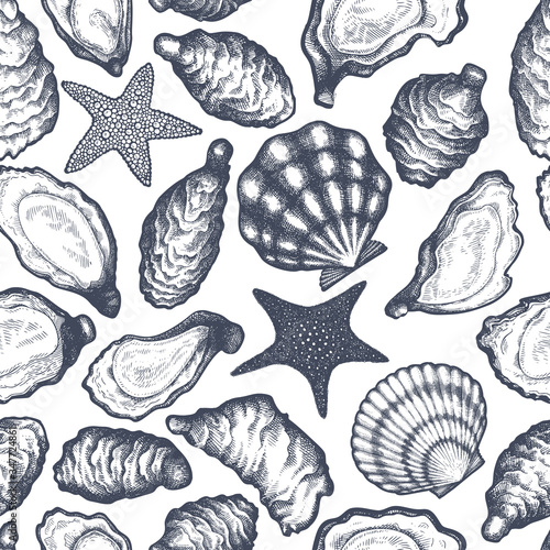 Oysters and wine design template. Hand drawn vector illustration. Seafood banner. Can be used for design menu, packaging, recipes, label, fish market, seafood products.