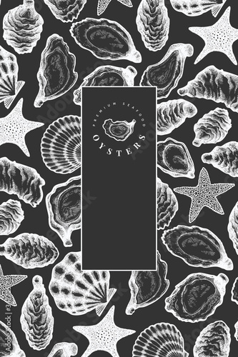 Oysters design template. Hand drawn vector illustration on chalk board. Seafood banner. Can be used for design menu, packaging, recipes, label, fish market, seafood products.