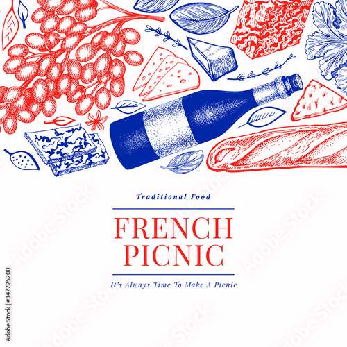 French food illustration design template. Hand drawn vector picnic meal illustrations. Engraved style different snack and wine banner. Vintage food background.