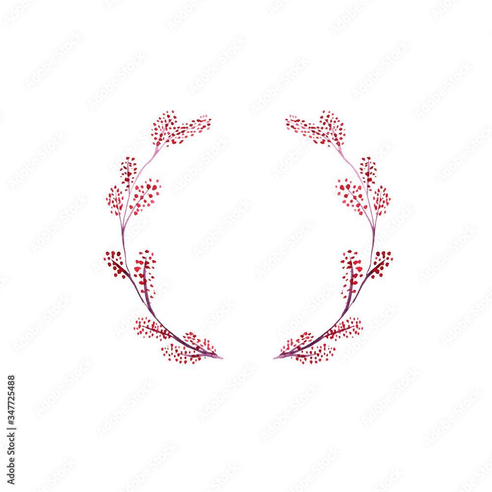 Red watercolor wreath with flowers and branches on a white background. Round form floral frame for your design. Cute template for invitation and cards for weddings and other events.
