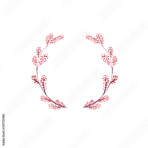 Red watercolor wreath with flowers and branches on a white background. Round form floral frame for your design. Cute template for invitation and cards for weddings and other events.