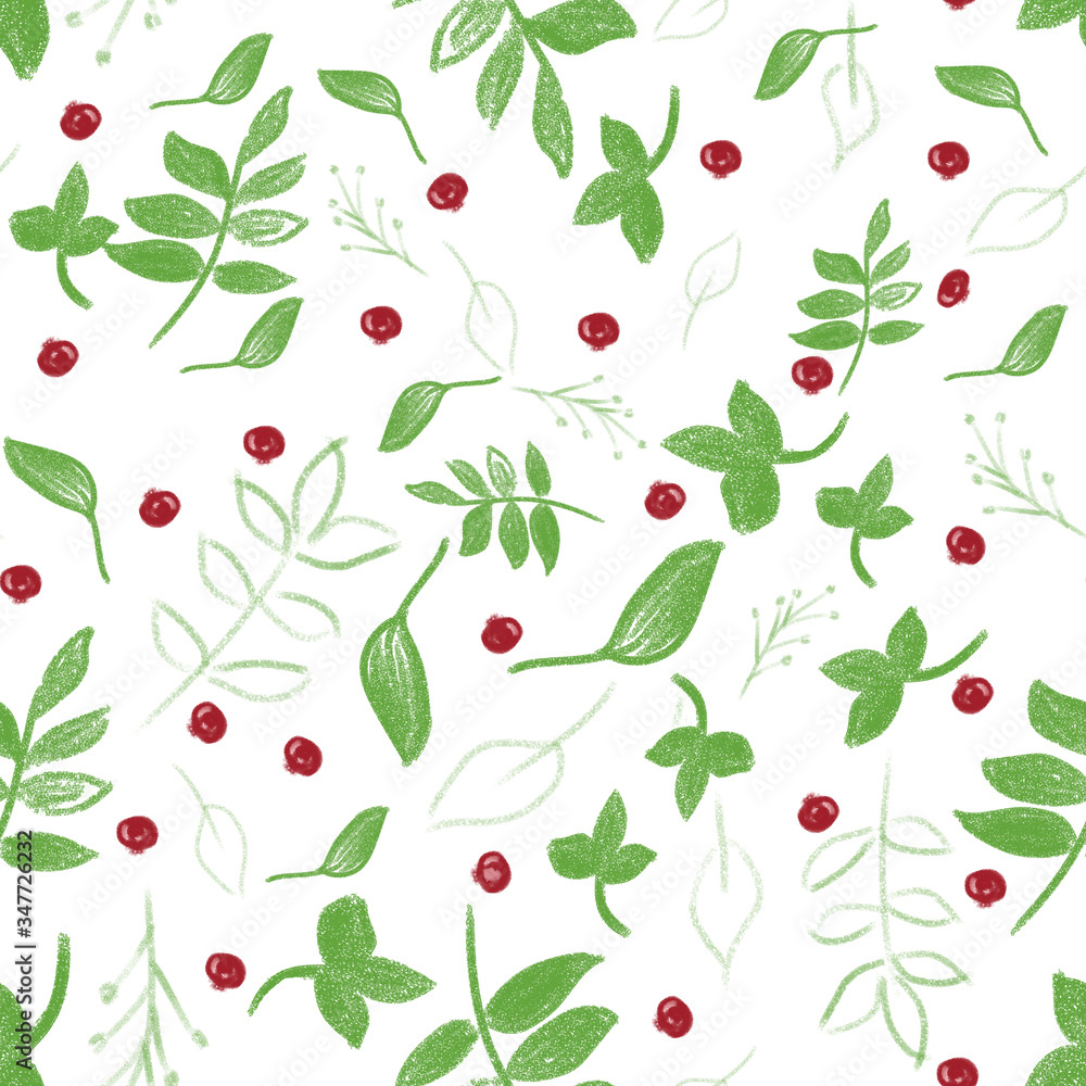 green leaves and red berries on a white background green leaves and red berries on a white background