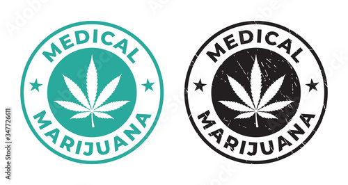 Vector green and black cirlce logos. Medical marijuana with marijuana leaf. Isolated on white background.