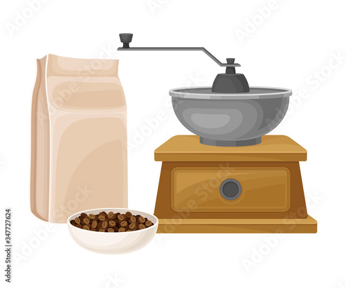 Manual Coffee Grinder with Beans in Bowl and Paper Bag Vector Illustration