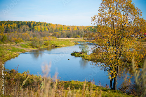 Autumn landscape, view of the river and forest, nature of the middle Urals, Siberia