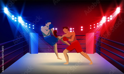 Boxer knocking out at Boxing ring arena and spotlight vector design.