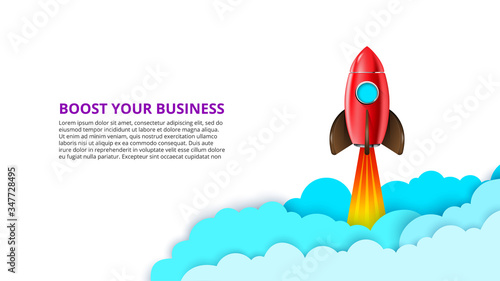 Vector startup infographic with red rocket and clouds. Boost your business illustration