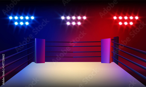 Boxer knocking out at Boxing ring arena and spotlight vector design.