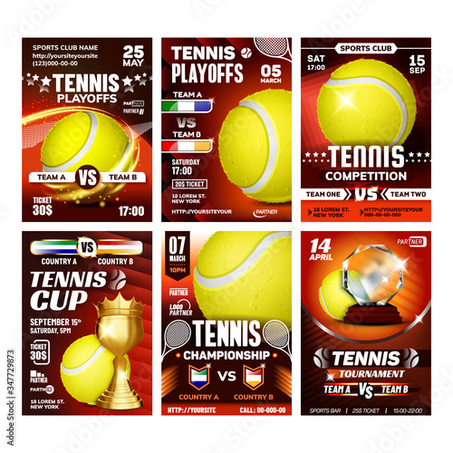 Tennis Sportive Promo Cards Posters Set Vector. Yellow Ball, Racket And Golden Goblet, International Tennis Federation Itf Collection Of Different Banners. Sportive Game Concept Template Illustrations