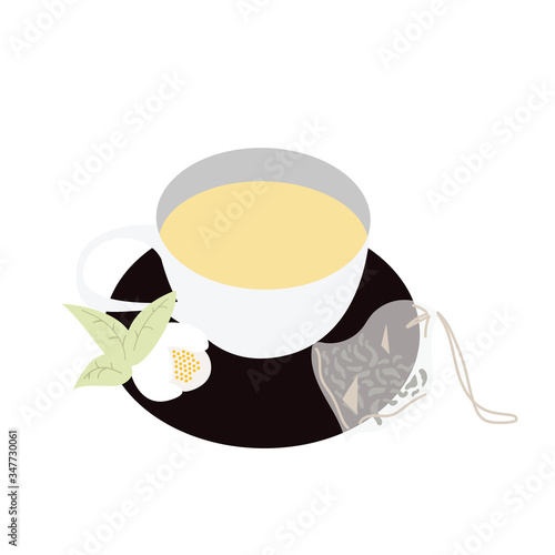 Hand-drawn mug and saucer. Camellia sinensis flower. Brewed Chinese green tea in a bag. Vector illustration isolated on a white background.
