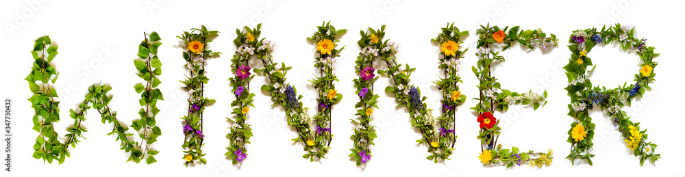 Flower, Branches And Blossom Letter Building English Word Winner. White Isolated Background