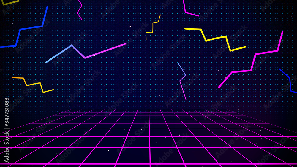 Retro cyberpunk style 80s Sci-Fi Background Futuristic with laser grid landscape. Digital cyber surface style of the 1980`s. 3D illustration