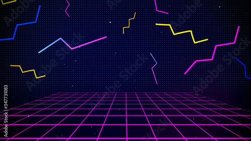 Obraz na płótnie Retro cyberpunk style 80s Sci-Fi Background Futuristic with laser grid landscape. Digital cyber surface style of the 1980`s. 3D illustration w salonie