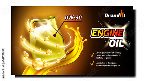 Engine Synthetic Oil Advertising Banner Vector. Car Motor Lubricant Oil Blank Plastic Package, Flow And Splash With Bubbles On Creative Promo Poster. Colored Mockup Realistic 3d Illustration