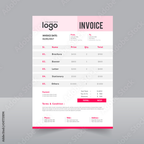 Professional invoice template design in minimal style.