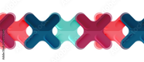 Glossy multicolored plastic style cross composition, x shape design, techno geometric modern abstract background. Trendy abstract layout template