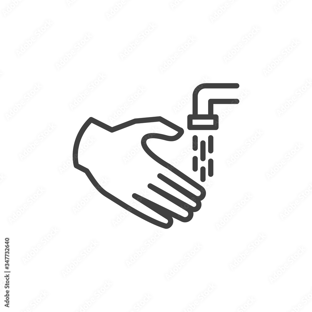 Hand and water tap line icon. linear style sign for mobile concept and web design. Hands washing step outline vector icon. Coronavirus prevention symbol, logo illustration. Vector graphics Hand and water tap line icon. linear style sign for mobile concept and web design. Hands washing step outline vector icon. Coronavirus prevention symbol, logo illustration. Vector graphics
