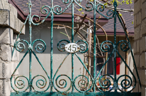 Wrought iron fence. Old metal grill.