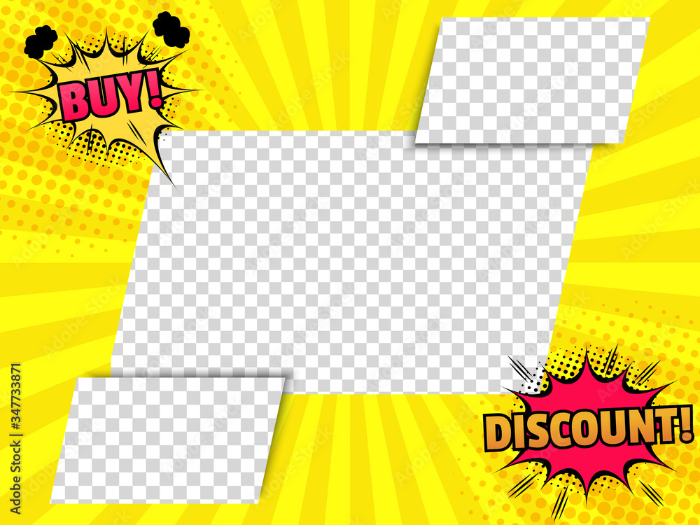 Comic advertising bright concept with speech bubbles promotional inscriptions rectangular shapes with transparent backgrounds yellow radial and halftone effects. Vector illustration Comic advertising bright concept with speech bubbles promotional inscriptions rectangular shapes with transparent backgrounds yellow radial and halftone effects. Vector illustration