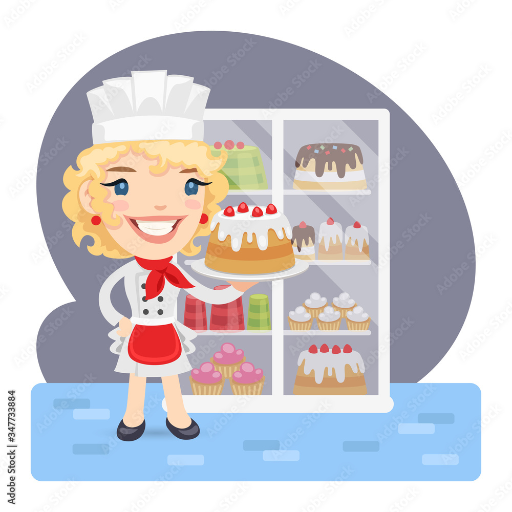 Cartoon baker girl with cake on a background of a cabinet with desserts. Composition with a professional. Flat female character. Cartoon baker girl with cake on a background of a cabinet with desserts. Composition with a professional. Flat female character.