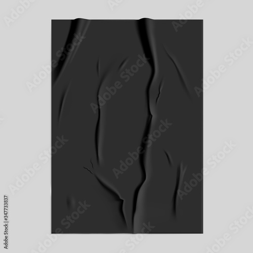 Black glued paper with wet wrinkled effect on gray background. Black wet paper poster template with crumpled texture. Realistic vector posters mockup